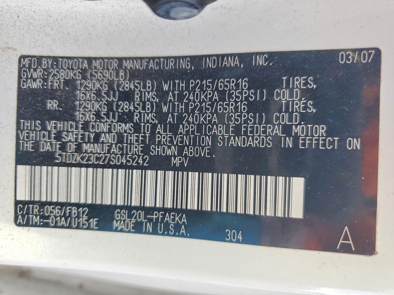 2007 TOYOTA SIENNA CE photo 13