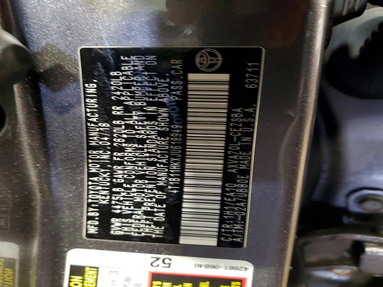 2018 TOYOTA CAMRY L photo 12