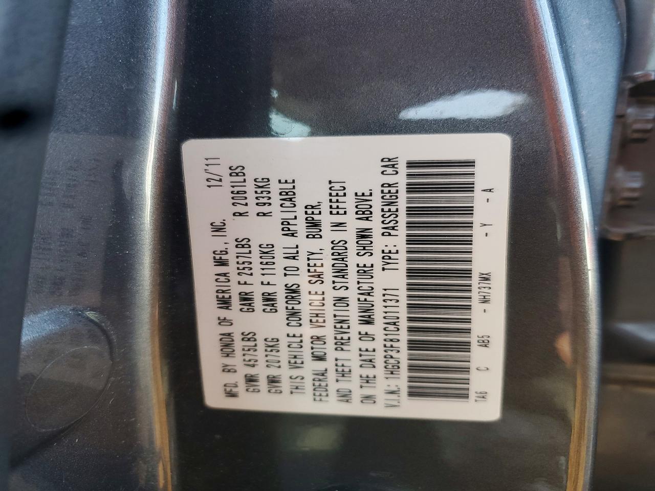2012 HONDA ACCORD EXL photo 12