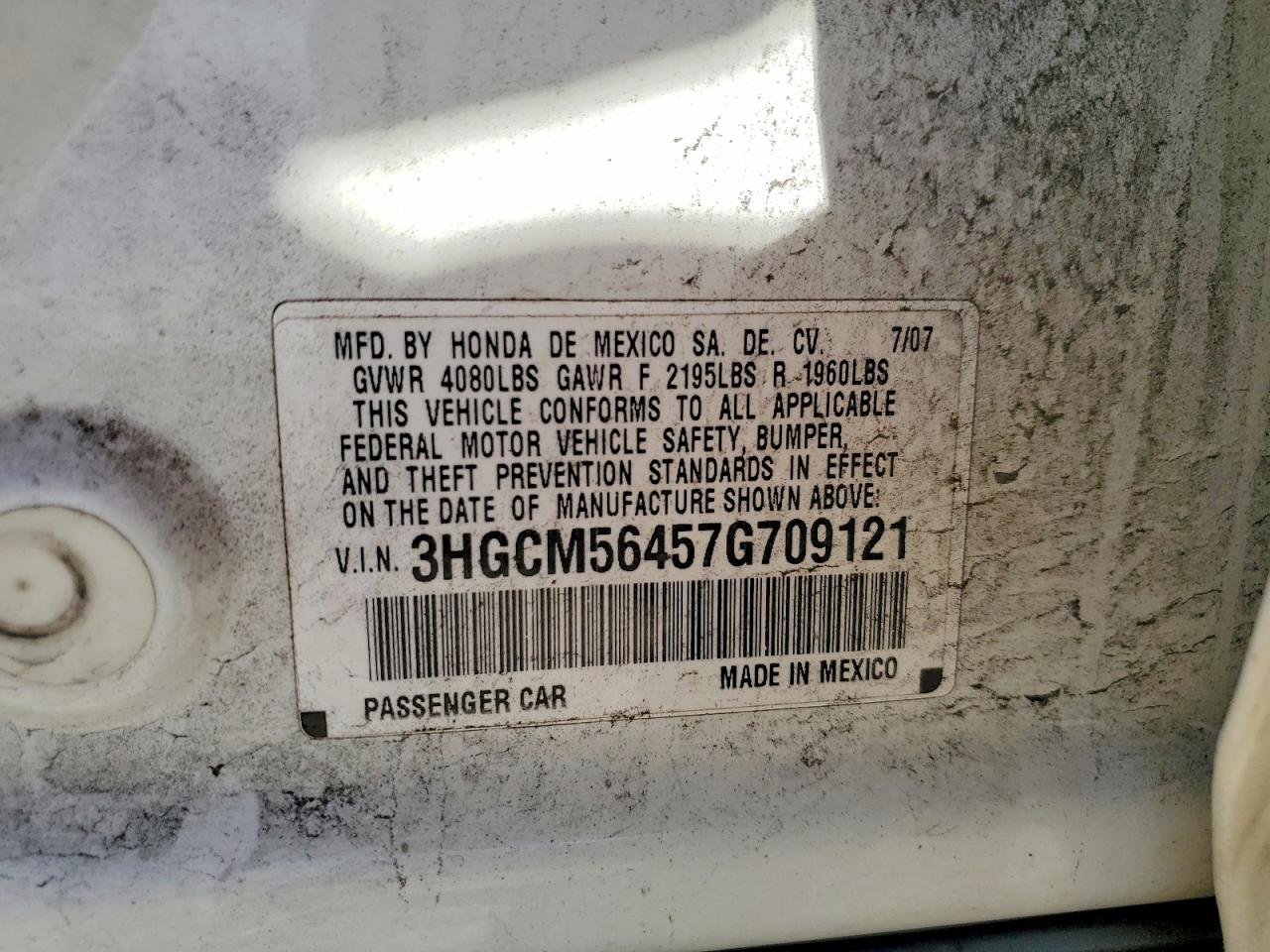 2007 HONDA ACCORD LX photo 12
