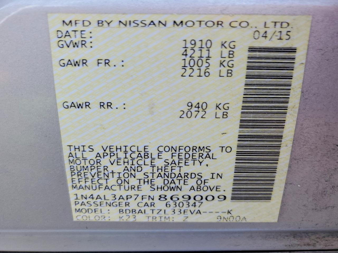 2015 NISSAN ALTIMA 2.5 photo 12