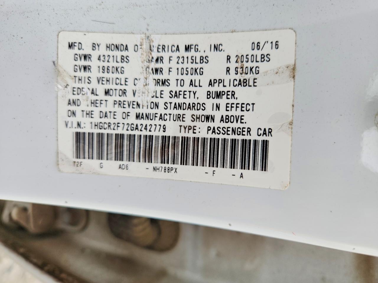 2016 HONDA ACCORD EX photo 12