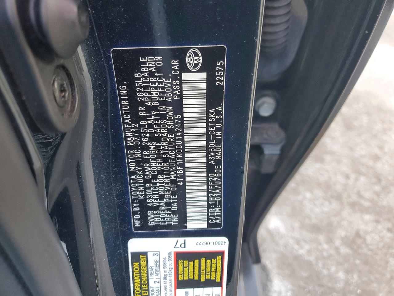 2012 TOYOTA CAMRY BASE photo 12