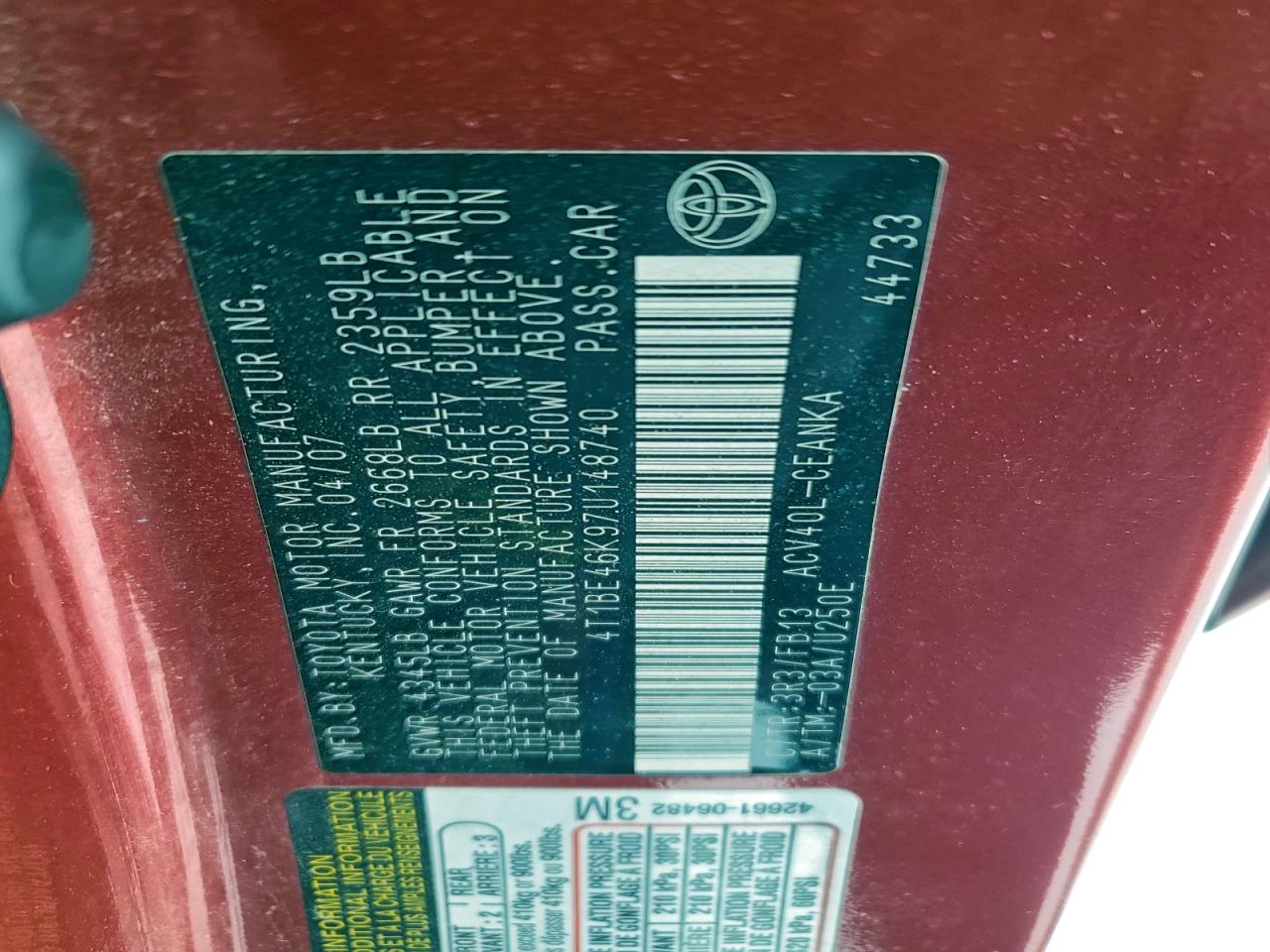 2007 TOYOTA CAMRY CE photo 12