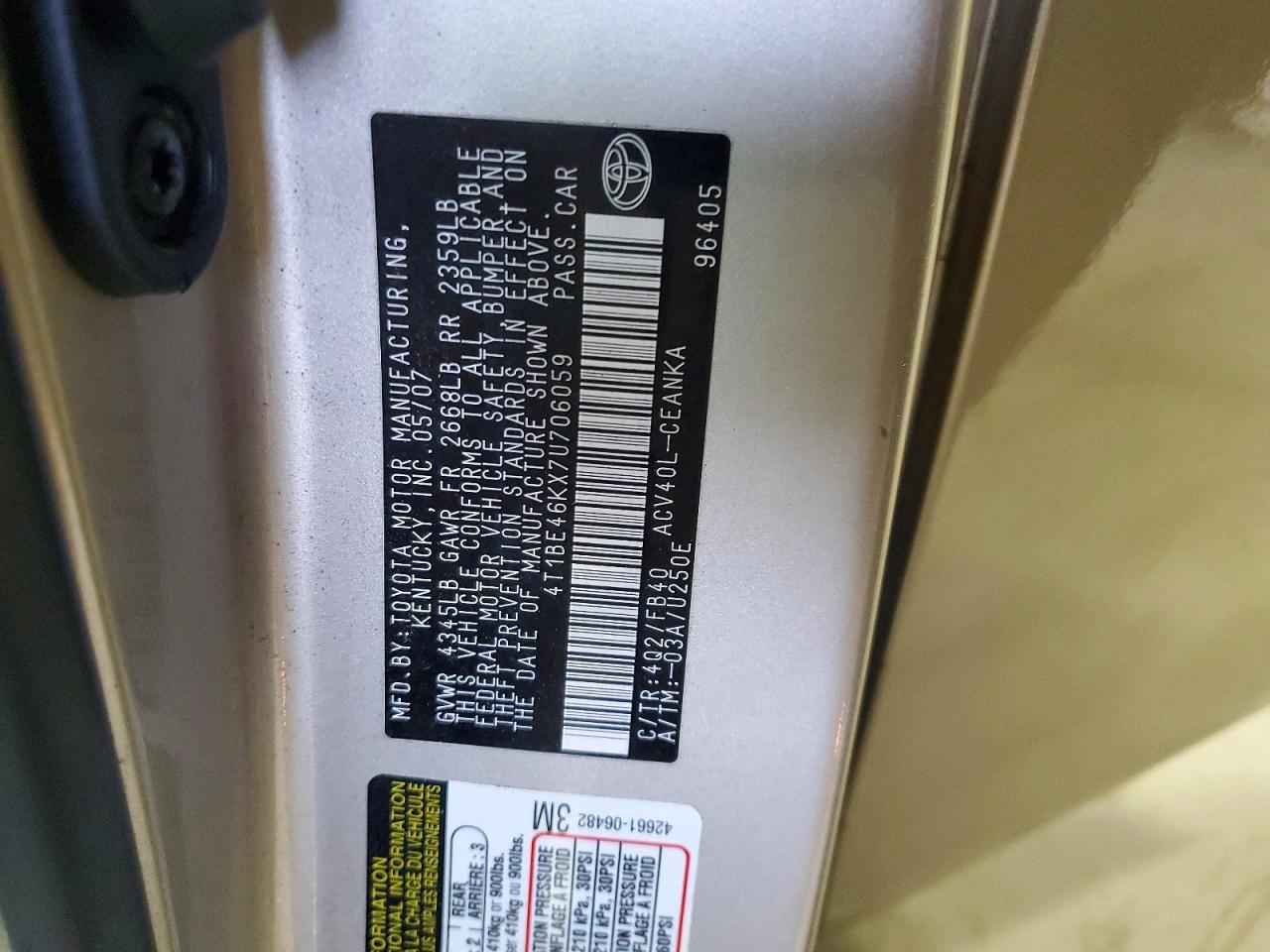 2007 TOYOTA CAMRY CE photo 12