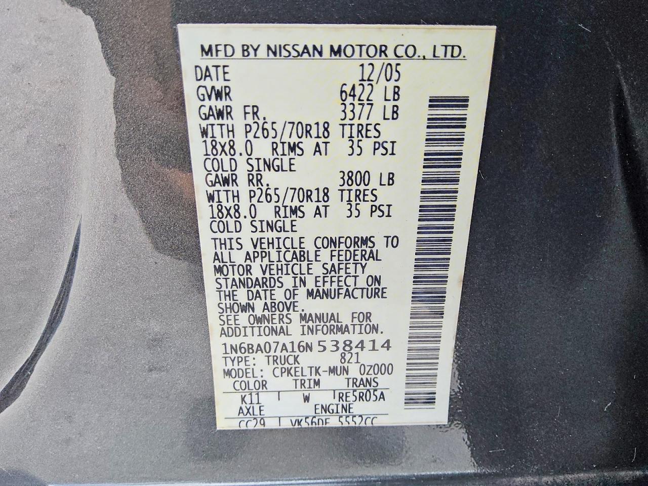 2006 NISSAN TITAN XE photo 12