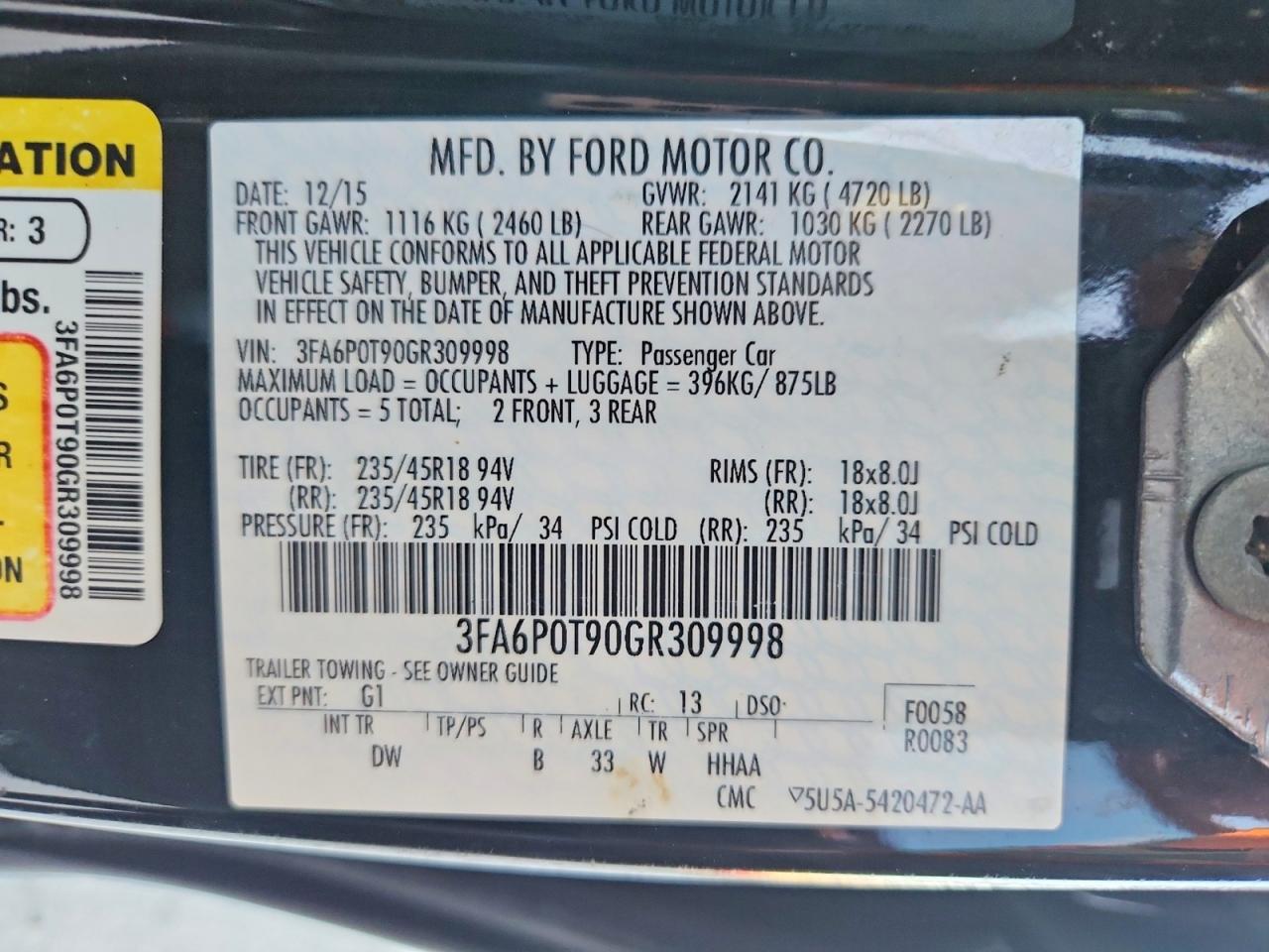 2016 FORD FUSION SE photo 12