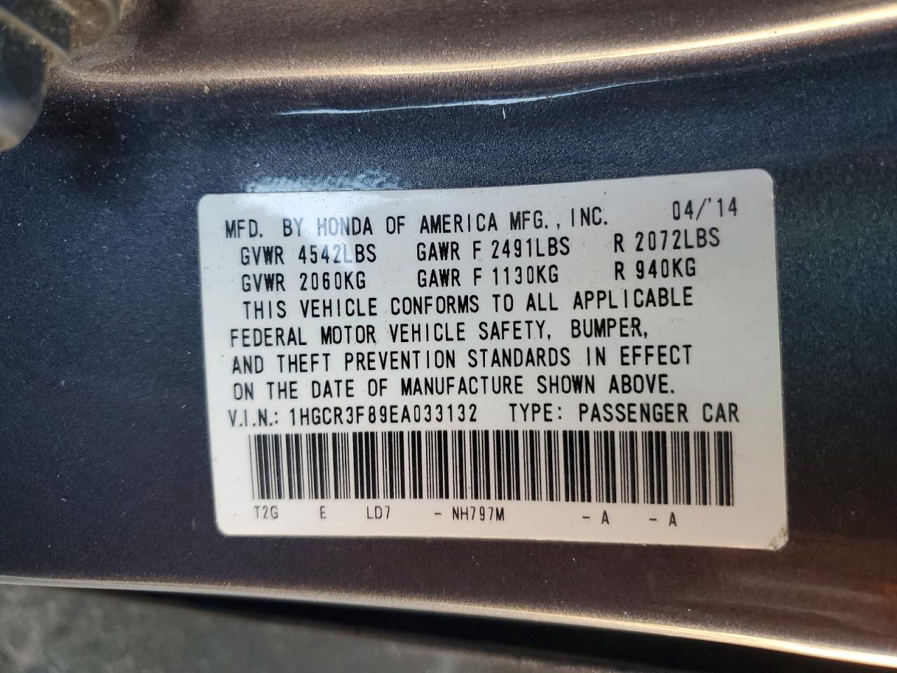 2014 HONDA ACCORD EXL photo 12