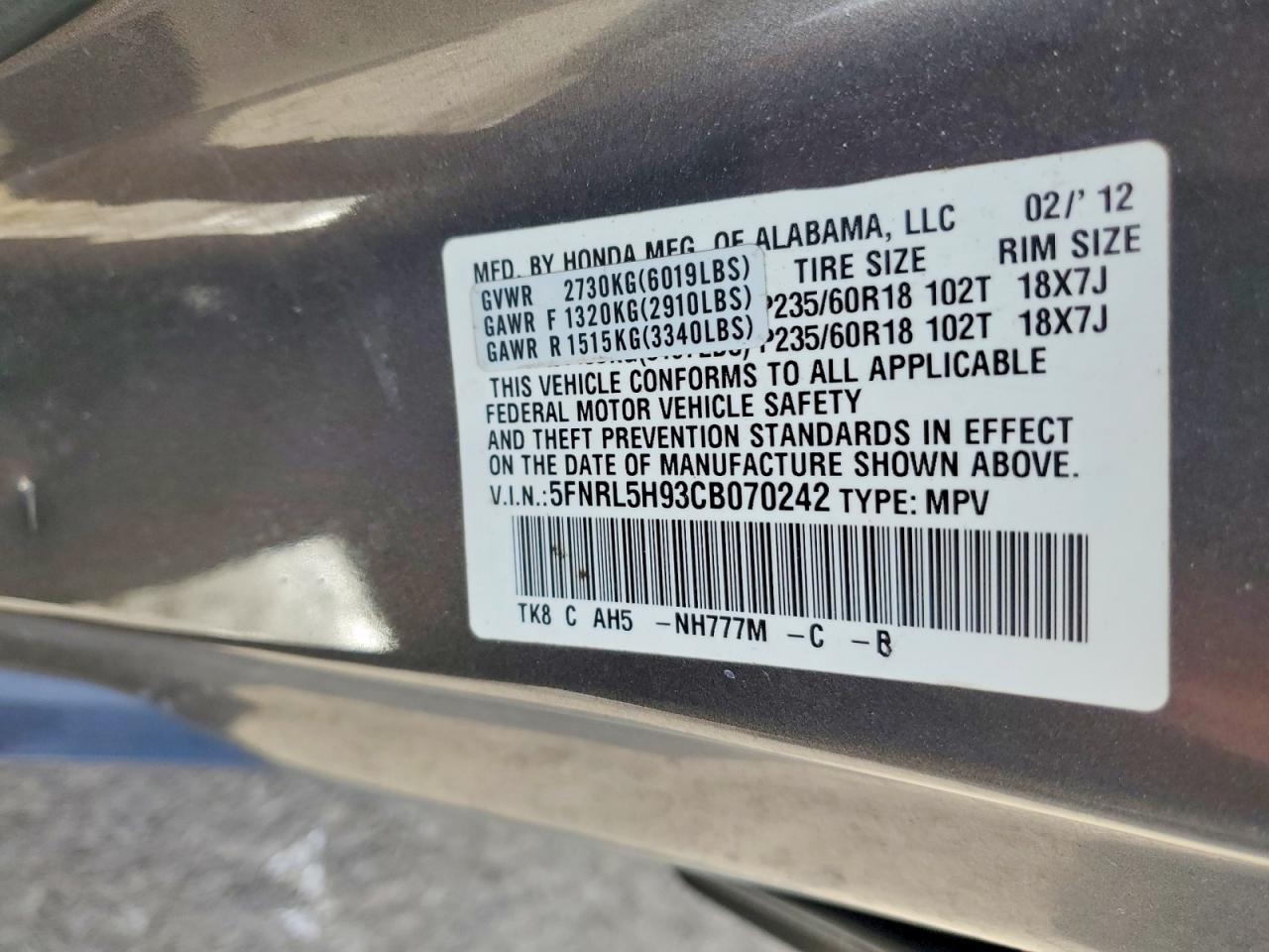 2012 HONDA ODYSSEY TOURING photo 13