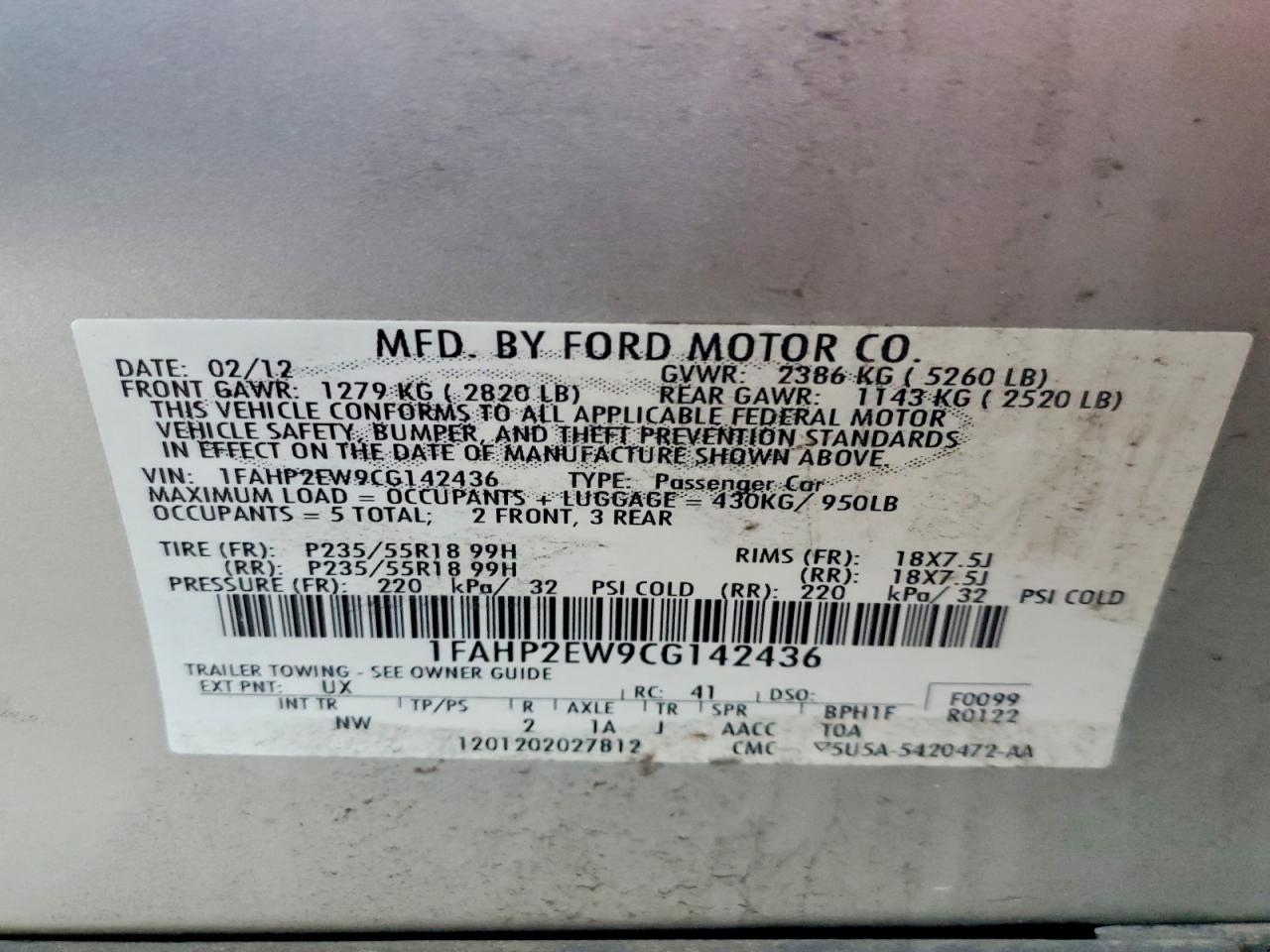 2012 FORD TAURUS SEL photo 12