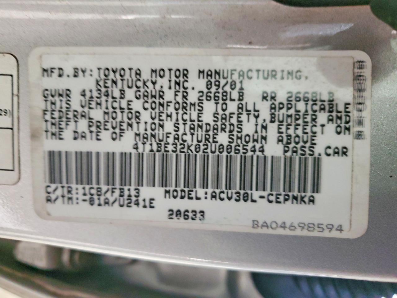 2002 TOYOTA CAMRY LE photo 12