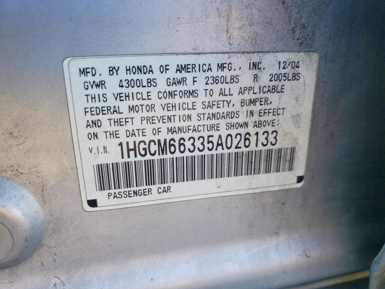 2005 HONDA ACCORD LX photo 12