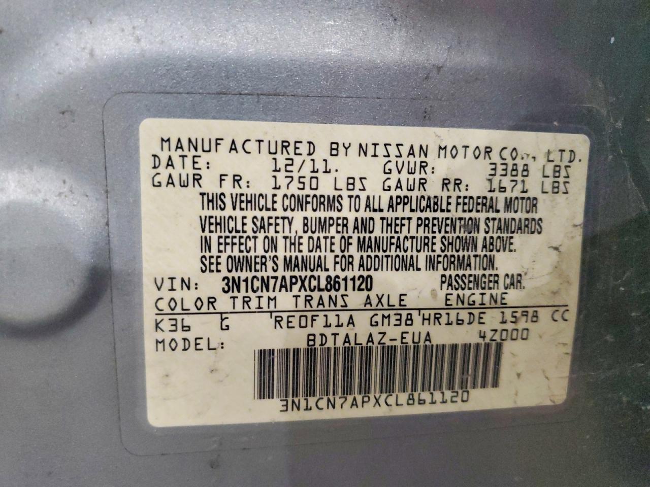 2012 NISSAN VERSA S photo 12