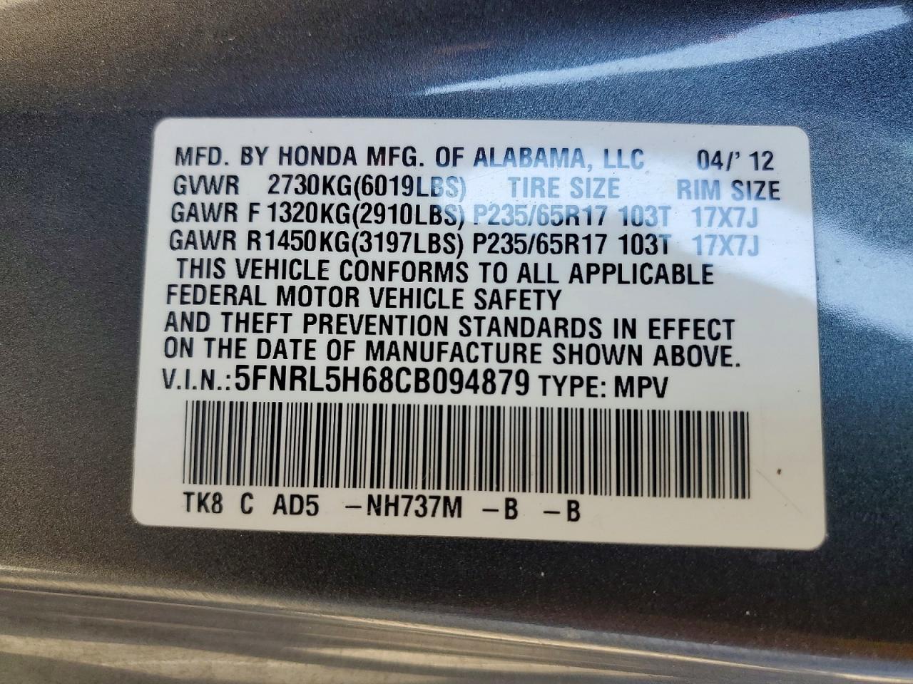 2012 HONDA ODYSSEY EXL photo 13
