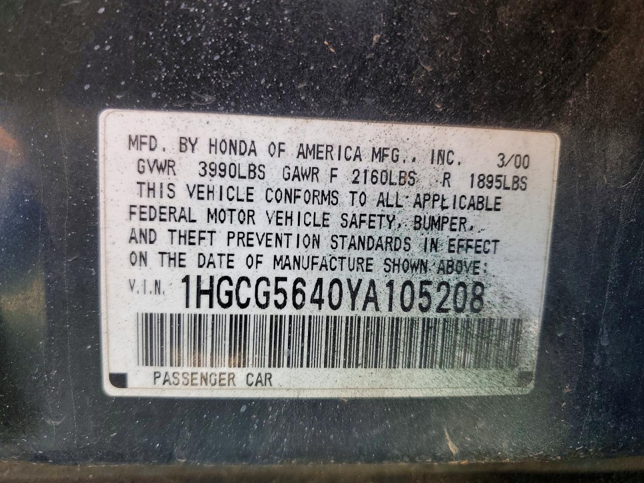 2000 HONDA ACCORD LX photo 12