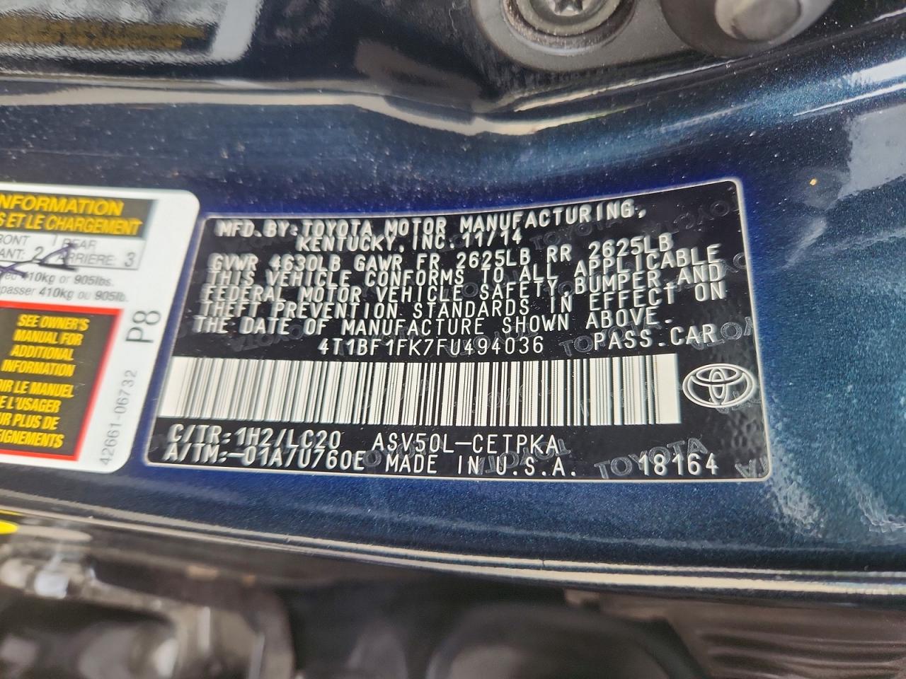 2015 TOYOTA CAMRY LE photo 12