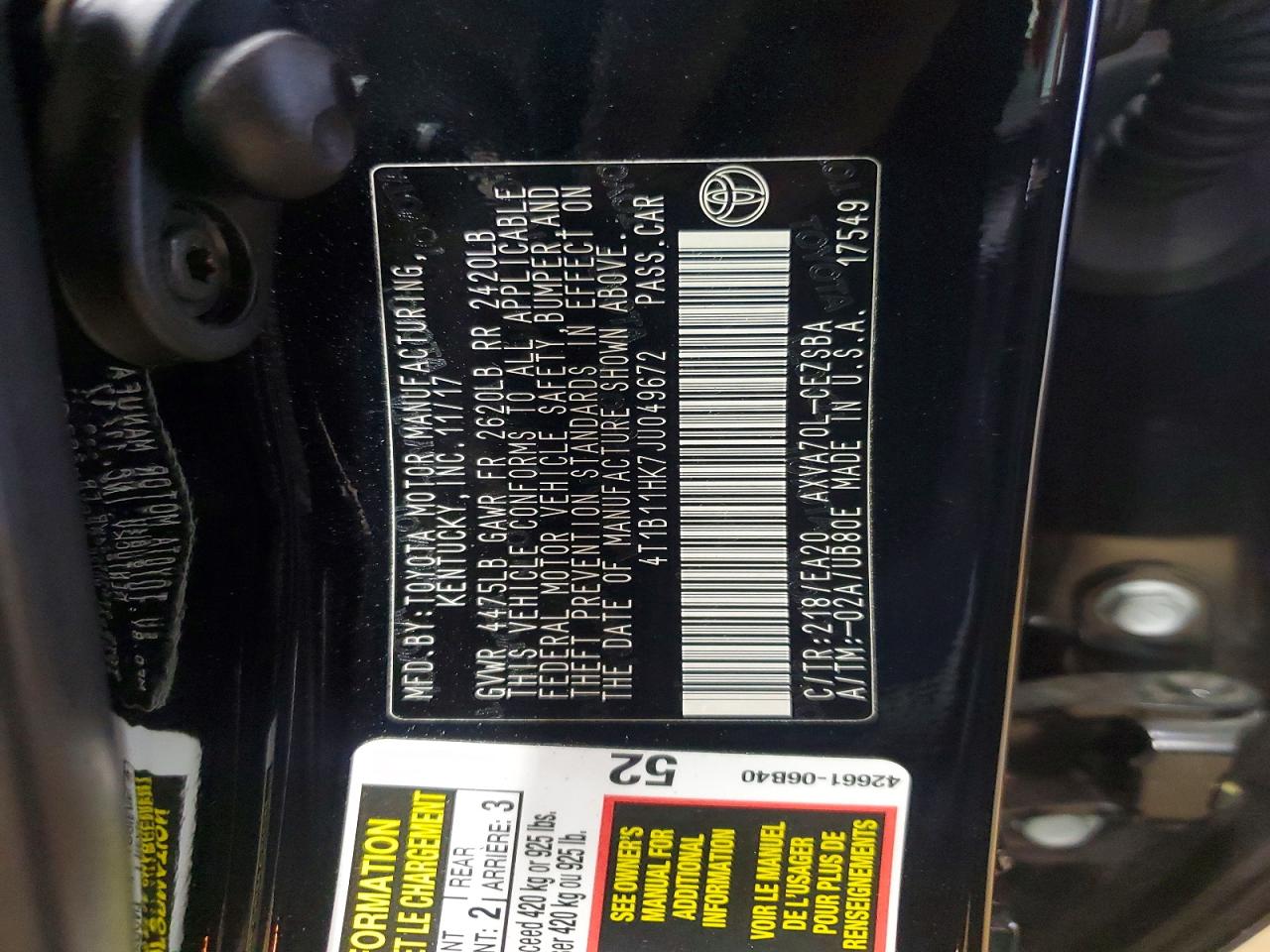 2018 TOYOTA CAMRY L photo 12