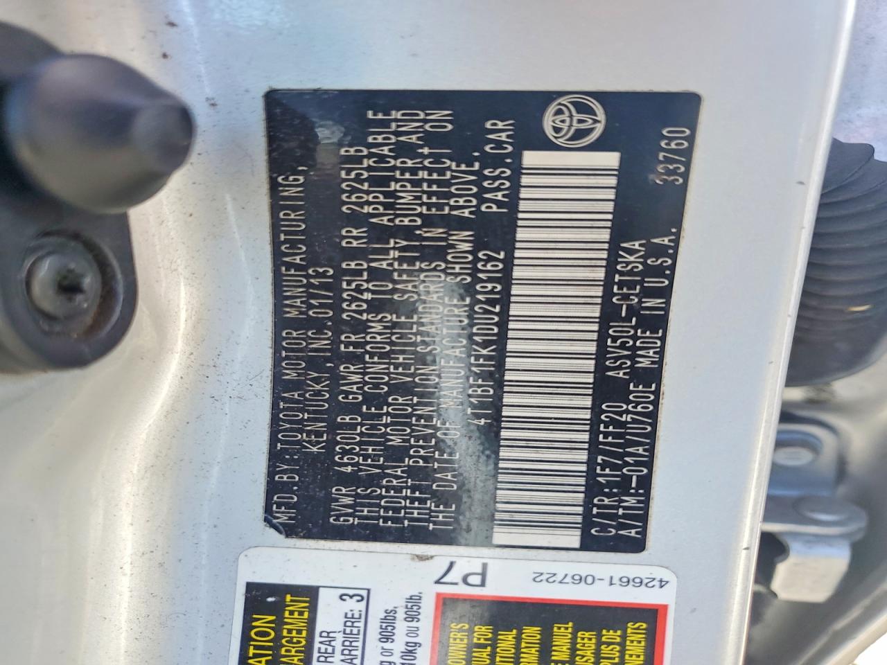 2013 TOYOTA CAMRY L photo 12
