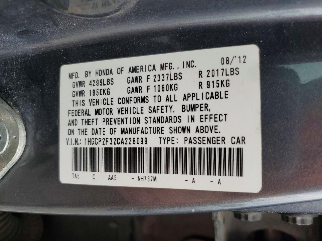 2012 HONDA ACCORD LX photo 34