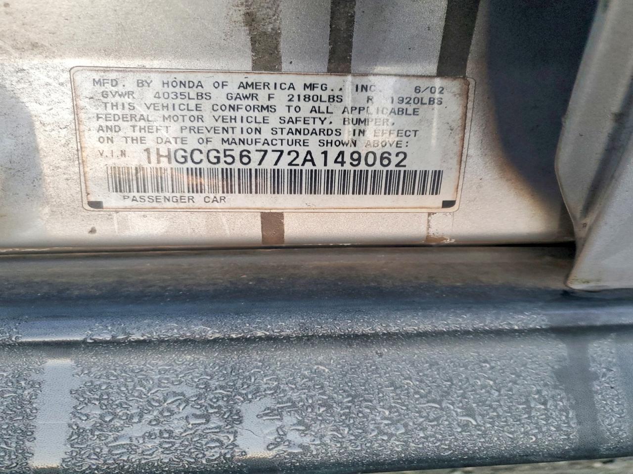 2002 HONDA ACCORD photo 12