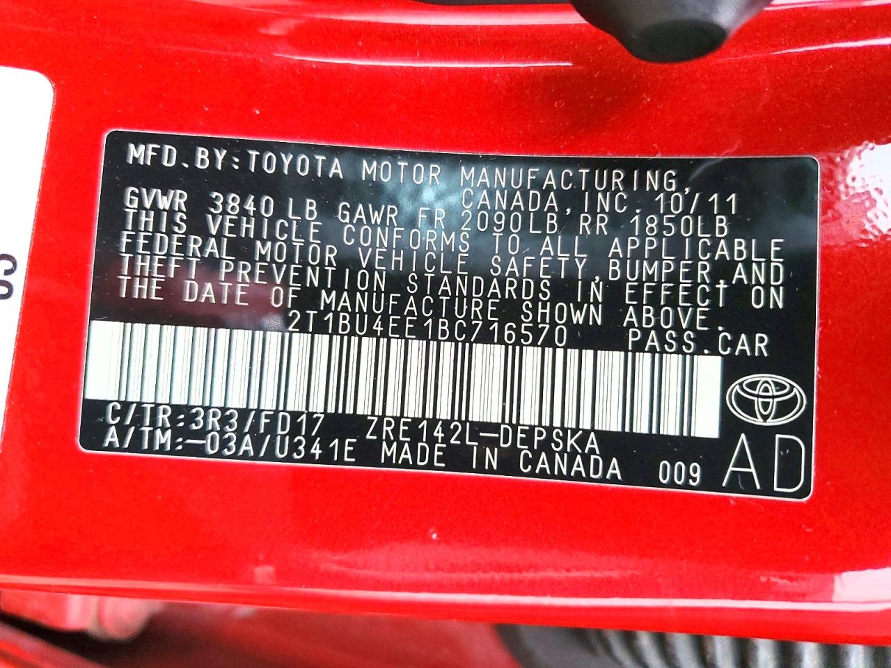2011 TOYOTA COROLLA BASE photo 12