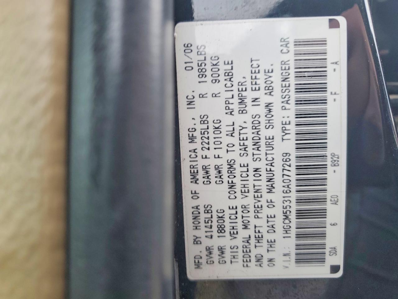 2006 HONDA ACCORD SE photo 12