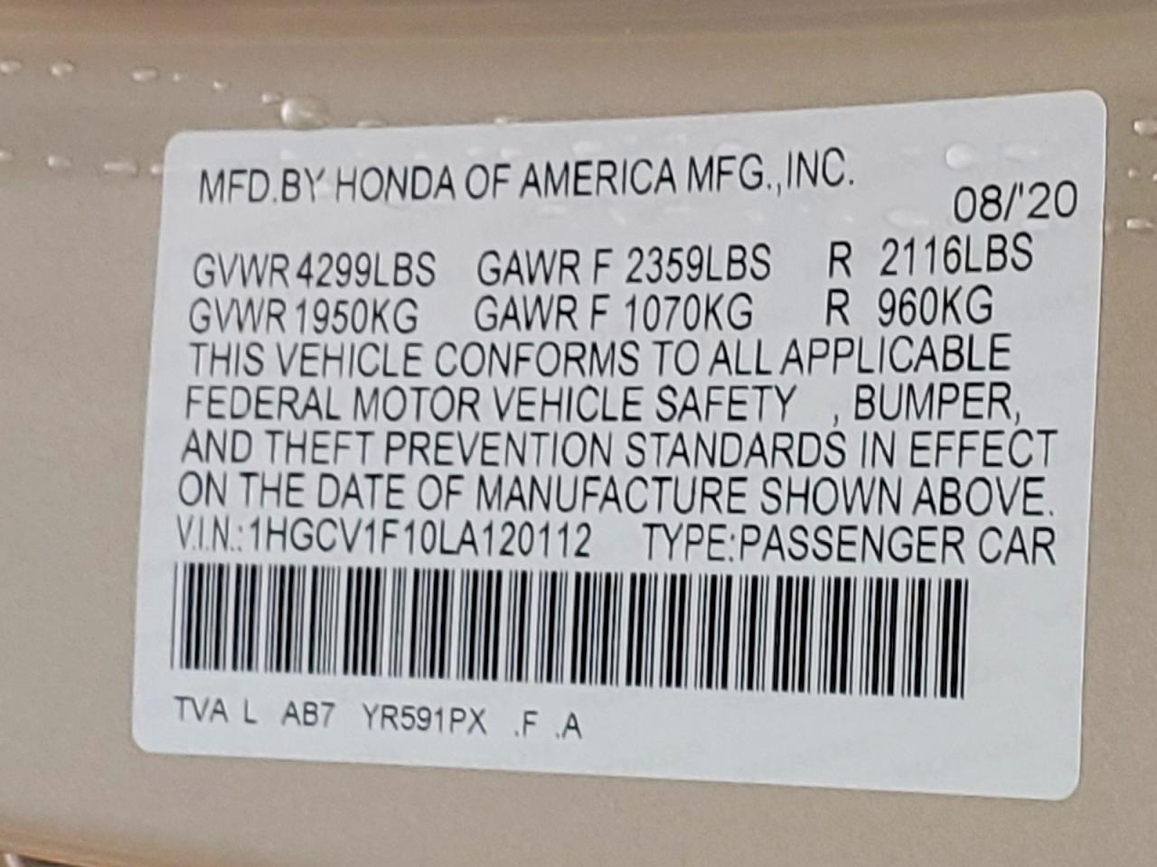 2020 HONDA ACCORD LX photo 12