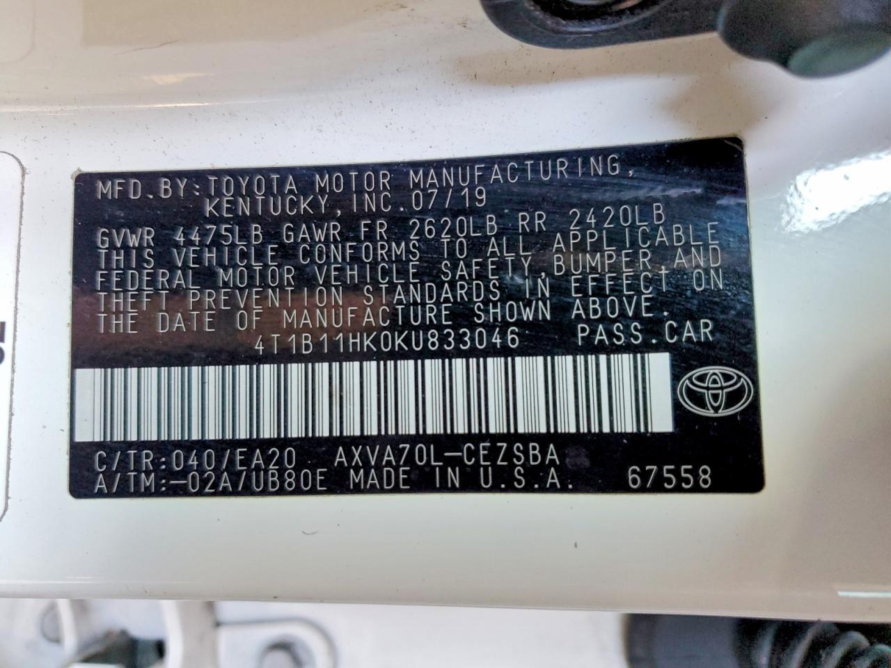 2019 TOYOTA CAMRY L photo 12