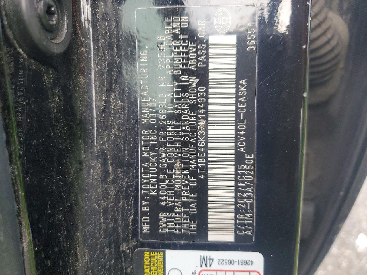 2007 TOYOTA CAMRY CE photo 12