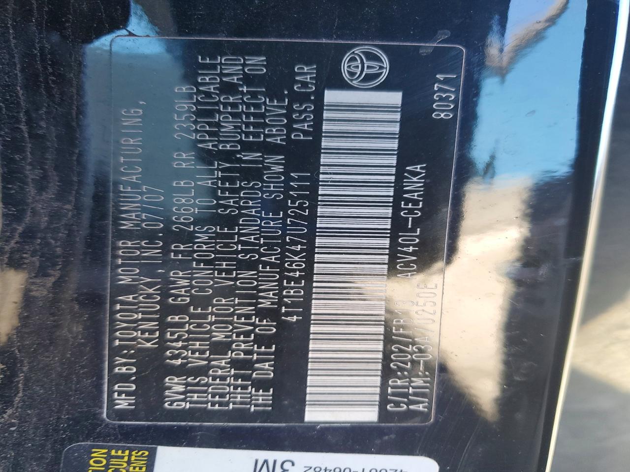 2007 TOYOTA CAMRY CE photo 12