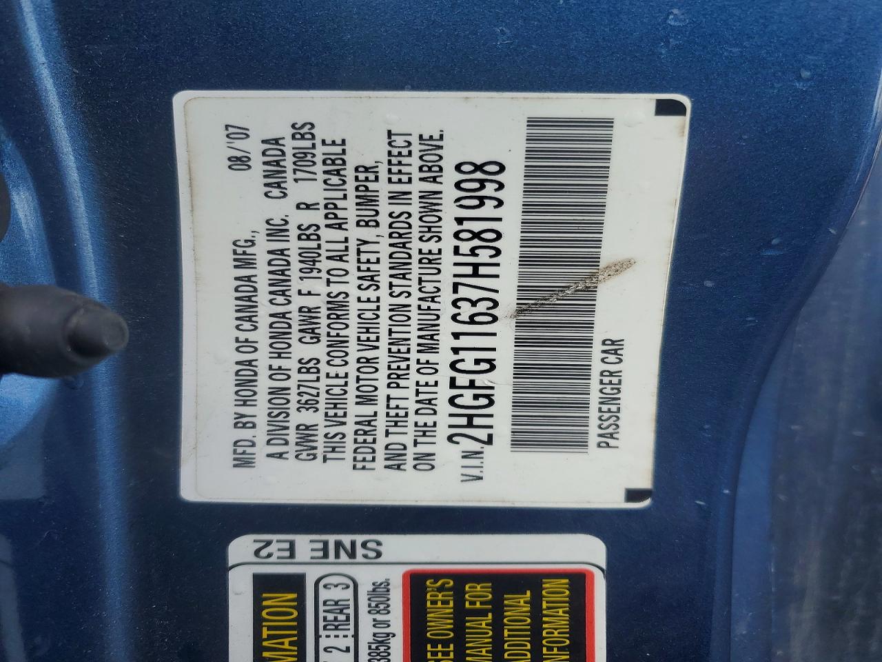 2007 HONDA CIVIC LX photo 12