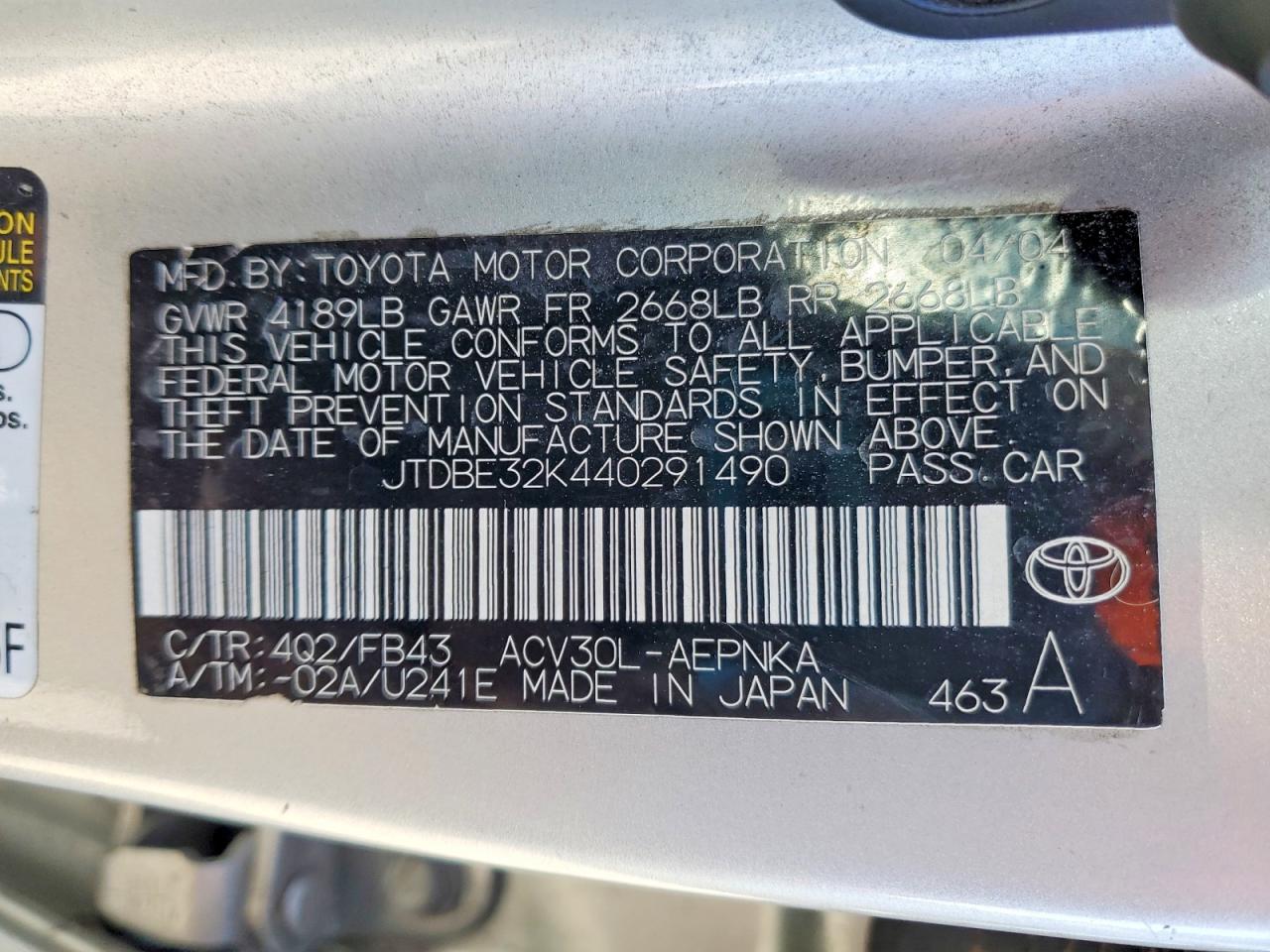 2004 TOYOTA CAMRY LE photo 12