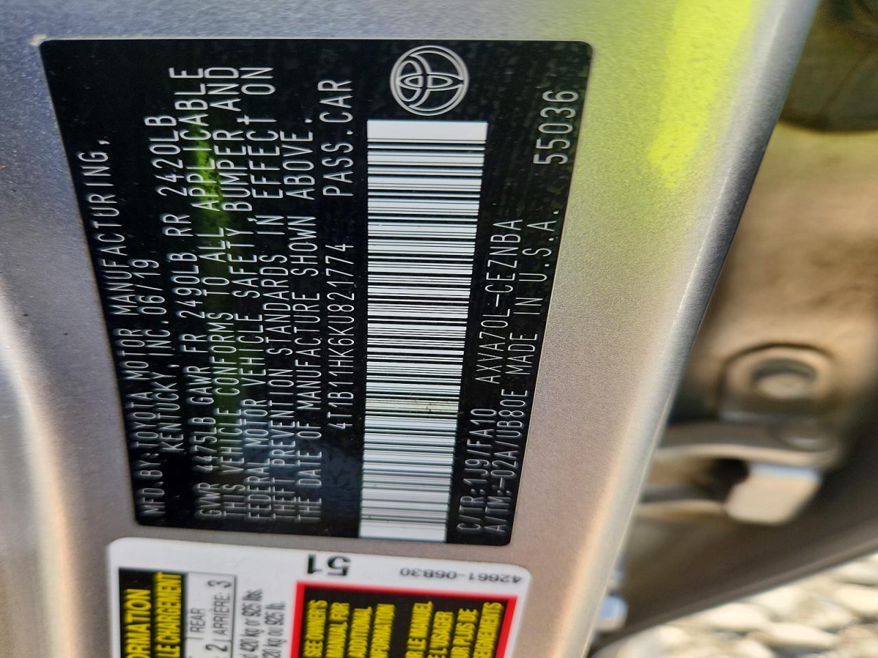 2019 TOYOTA CAMRY L photo 12