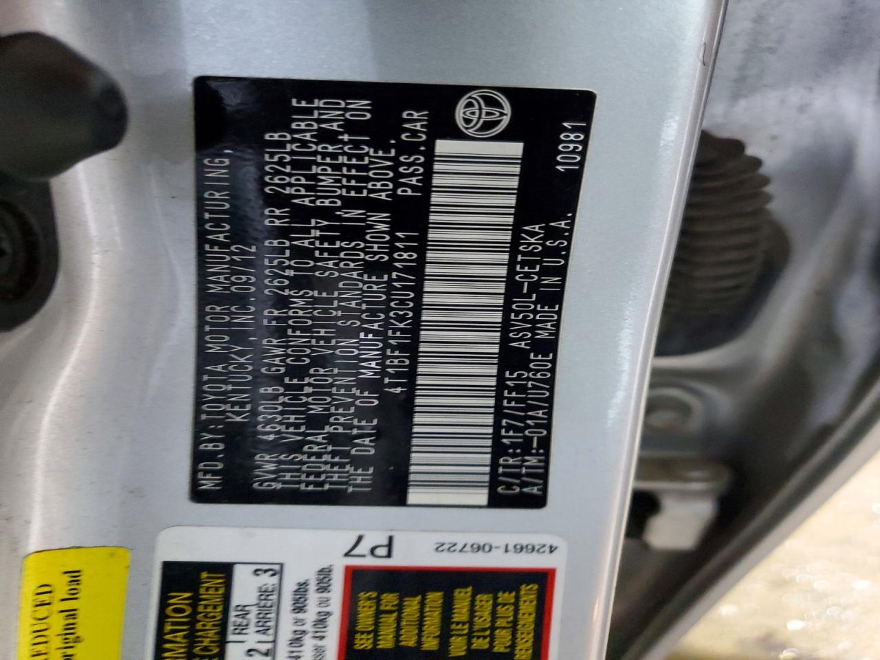 2012 TOYOTA CAMRY BASE photo 12
