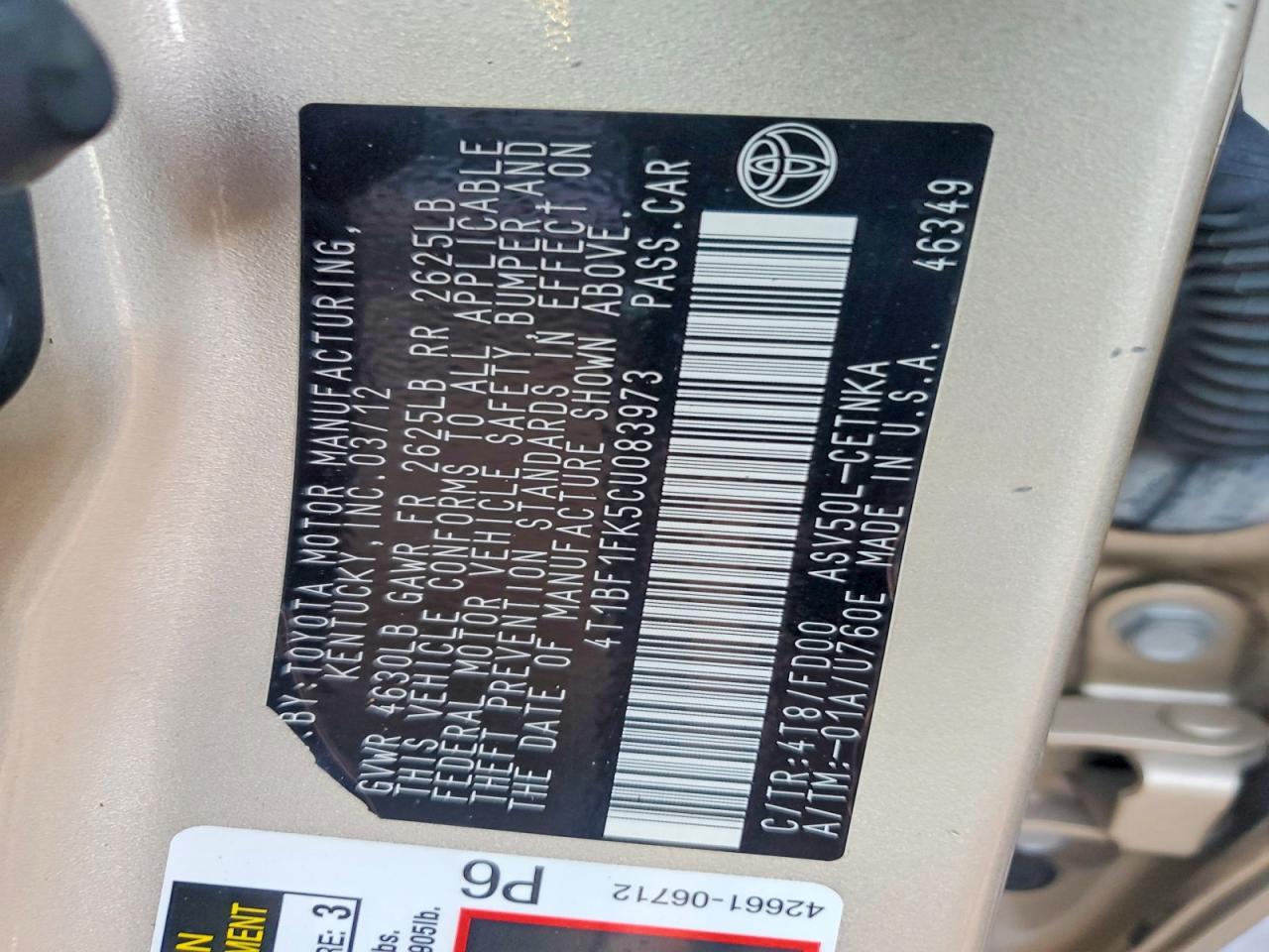 2012 TOYOTA CAMRY BASE photo 12