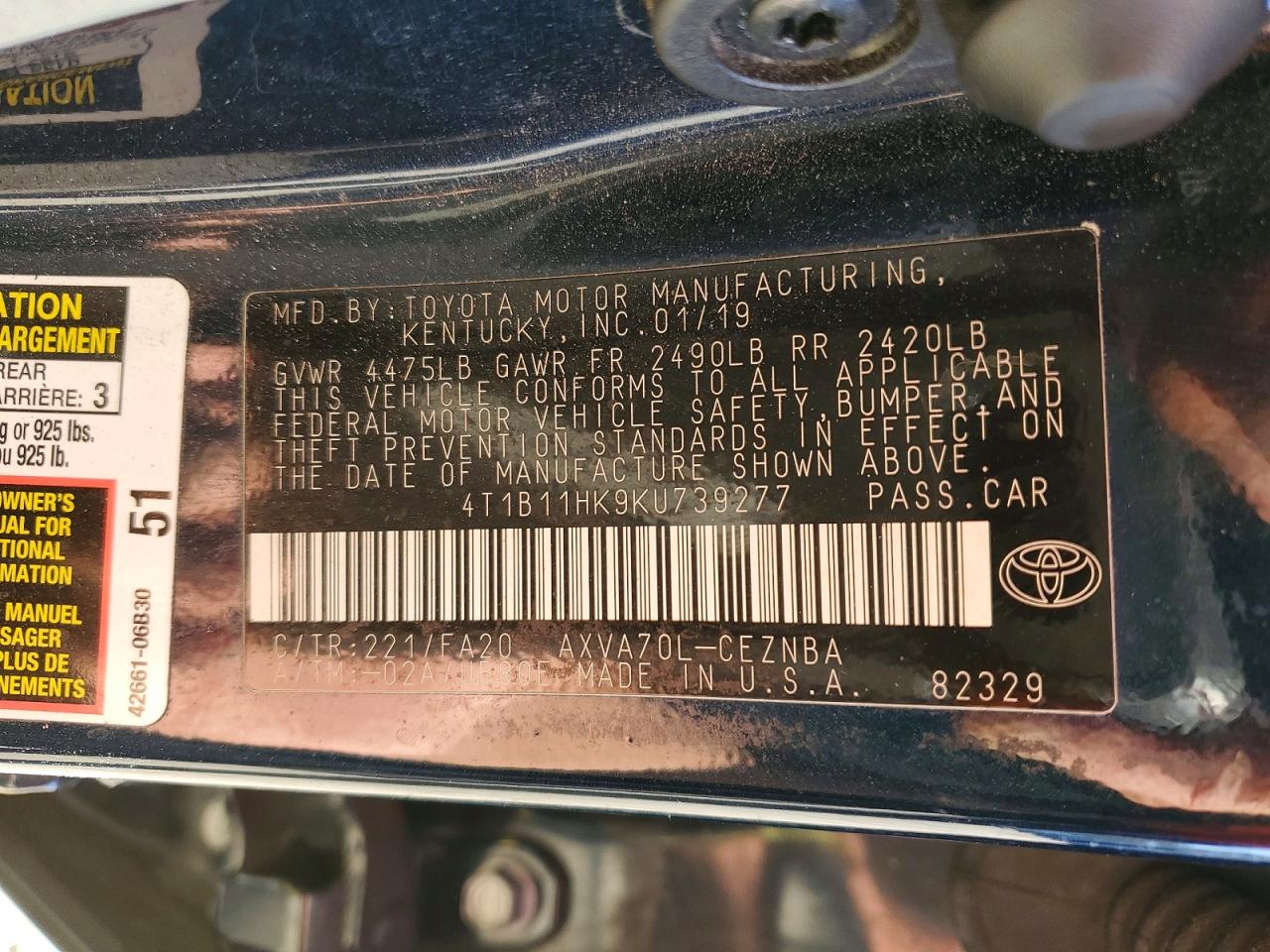 2019 TOYOTA CAMRY L photo 12