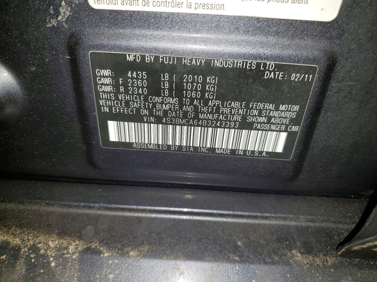 2011 SUBARU LEGACY 2.5I photo 12