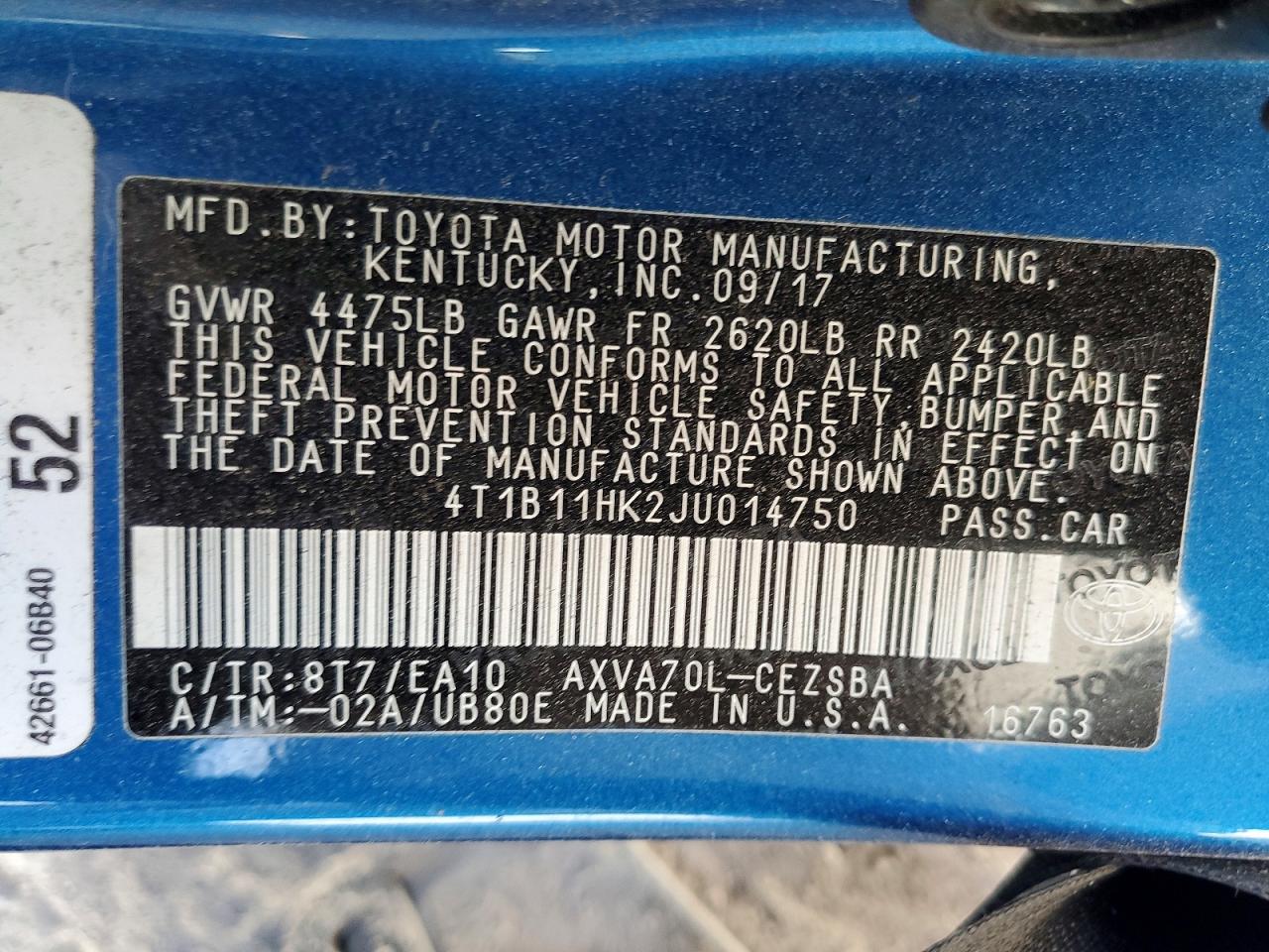 2018 TOYOTA CAMRY L photo 13