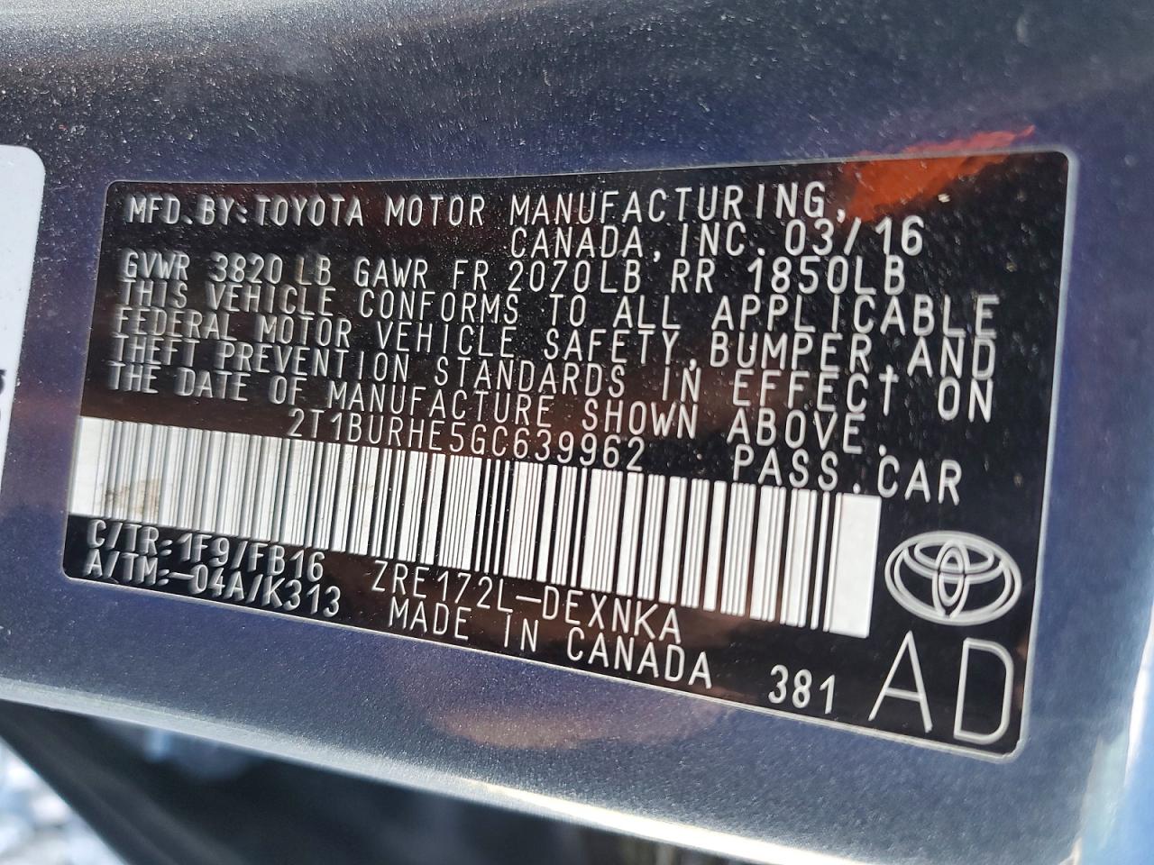 2016 TOYOTA COROLLA L photo 13