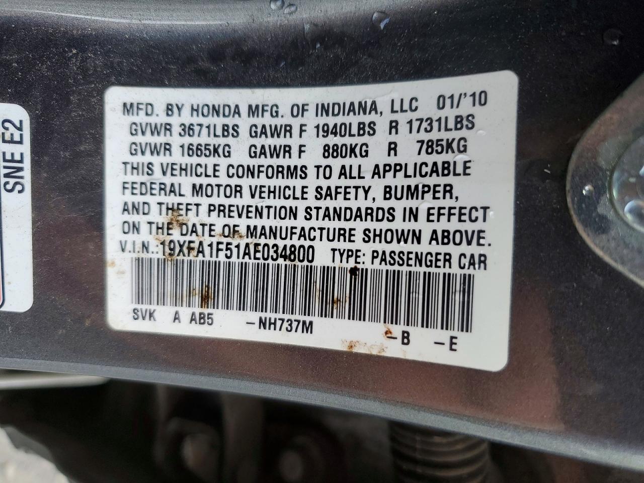 2010 HONDA CIVIC photo 12