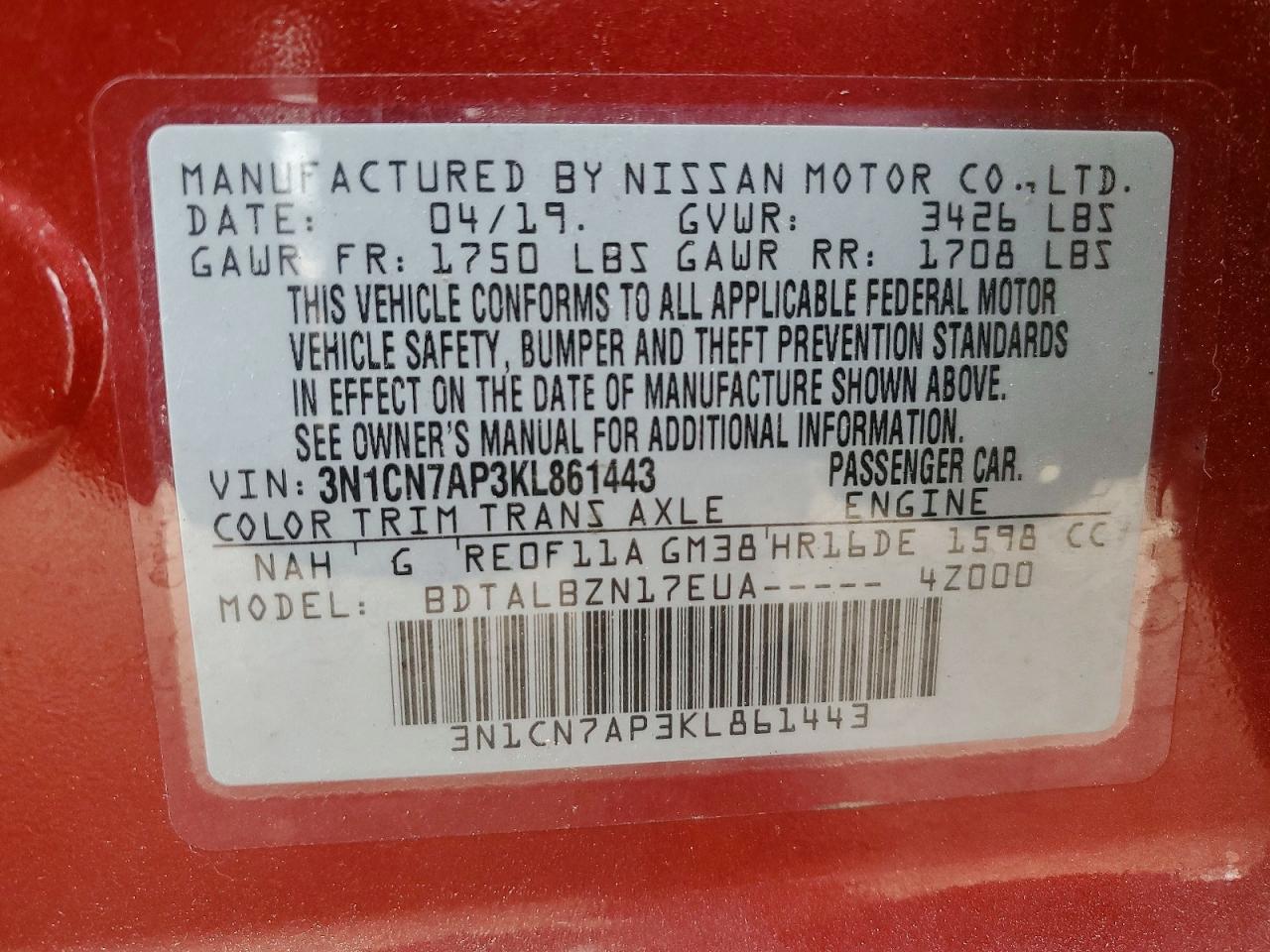 2019 NISSAN VERSA S photo 12