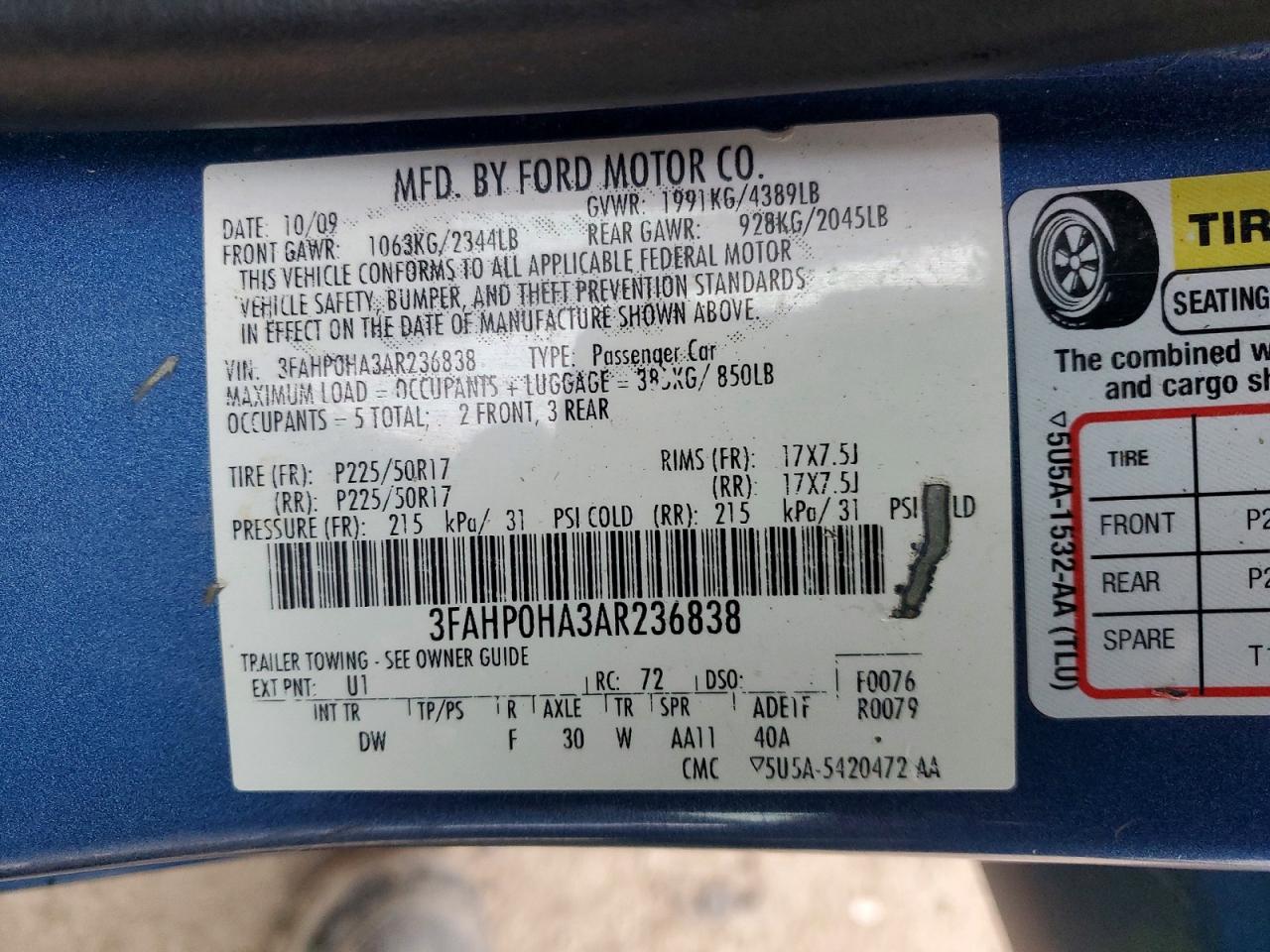 2010 FORD FUSION SE photo 12