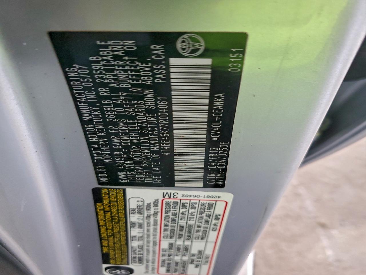 2007 TOYOTA CAMRY CE photo 12