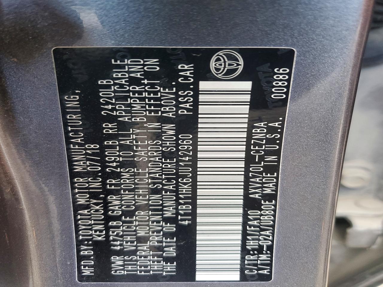 2018 TOYOTA CAMRY L photo 12