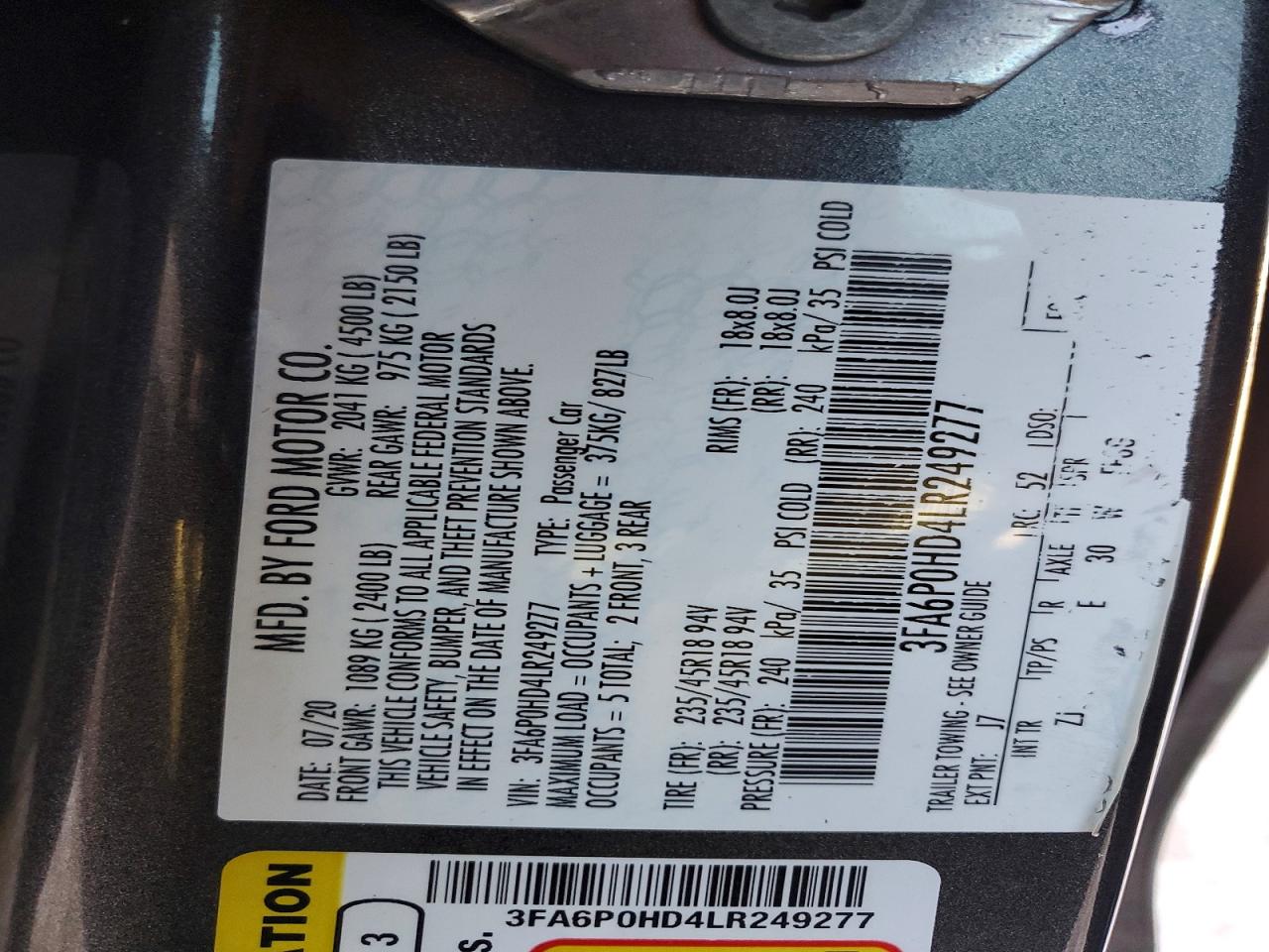 2020 FORD FUSION SE photo 12