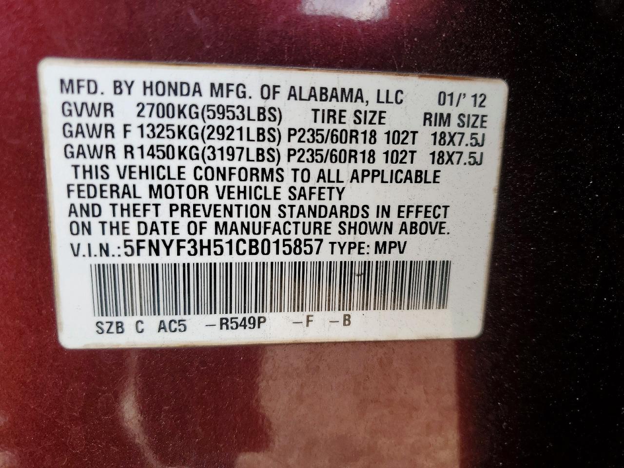 2012 HONDA PILOT EXL photo 13