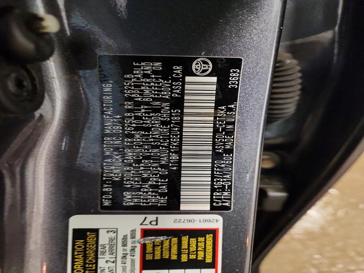 2014 TOYOTA CAMRY L photo 12