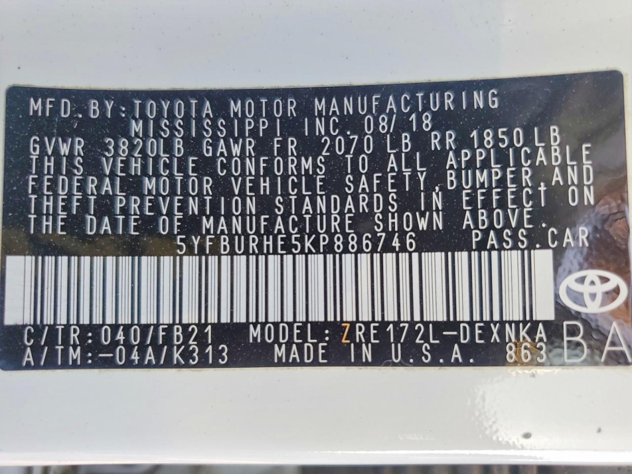 2019 TOYOTA COROLLA L photo 13