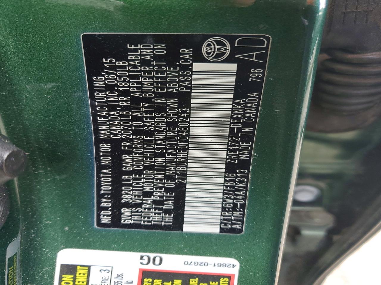 2015 TOYOTA COROLLA L photo 13
