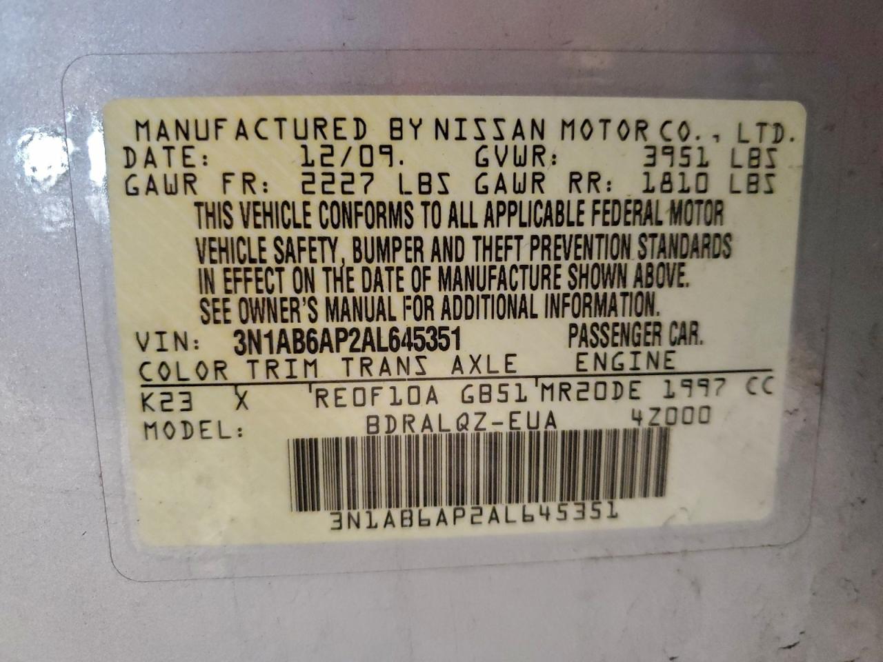 2010 NISSAN SENTRA 2.0 photo 12